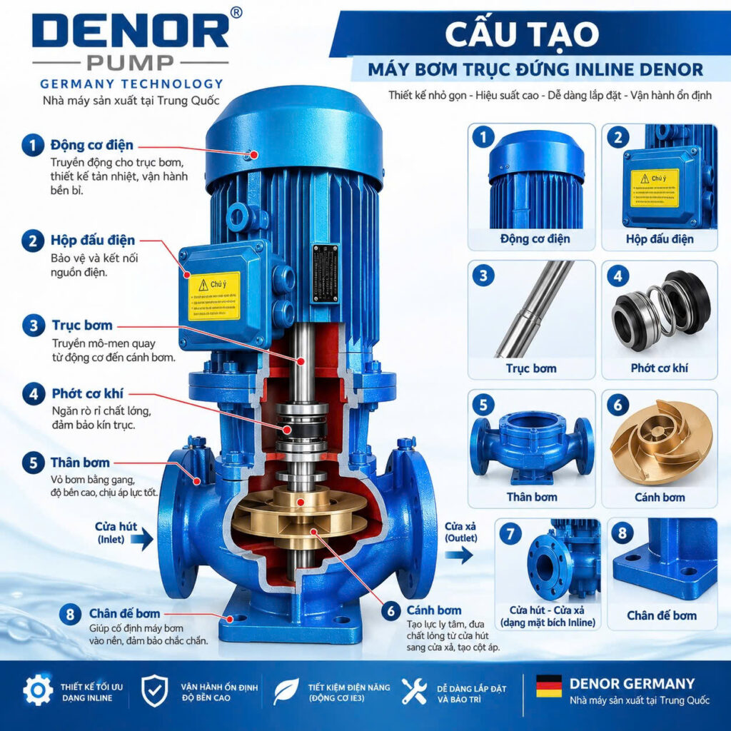 Cấu tạo của máy bơm trục đứng inline DENOR ISG