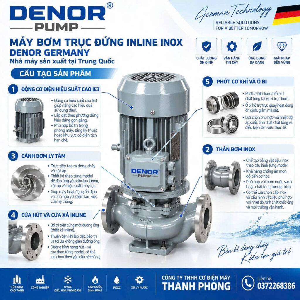 Cấu tạo của máy bơm tuần hoàn inline DENOR