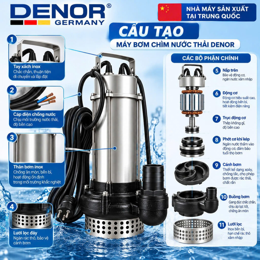Cấu tạo của bơm chìm nước thải DENOR QDX