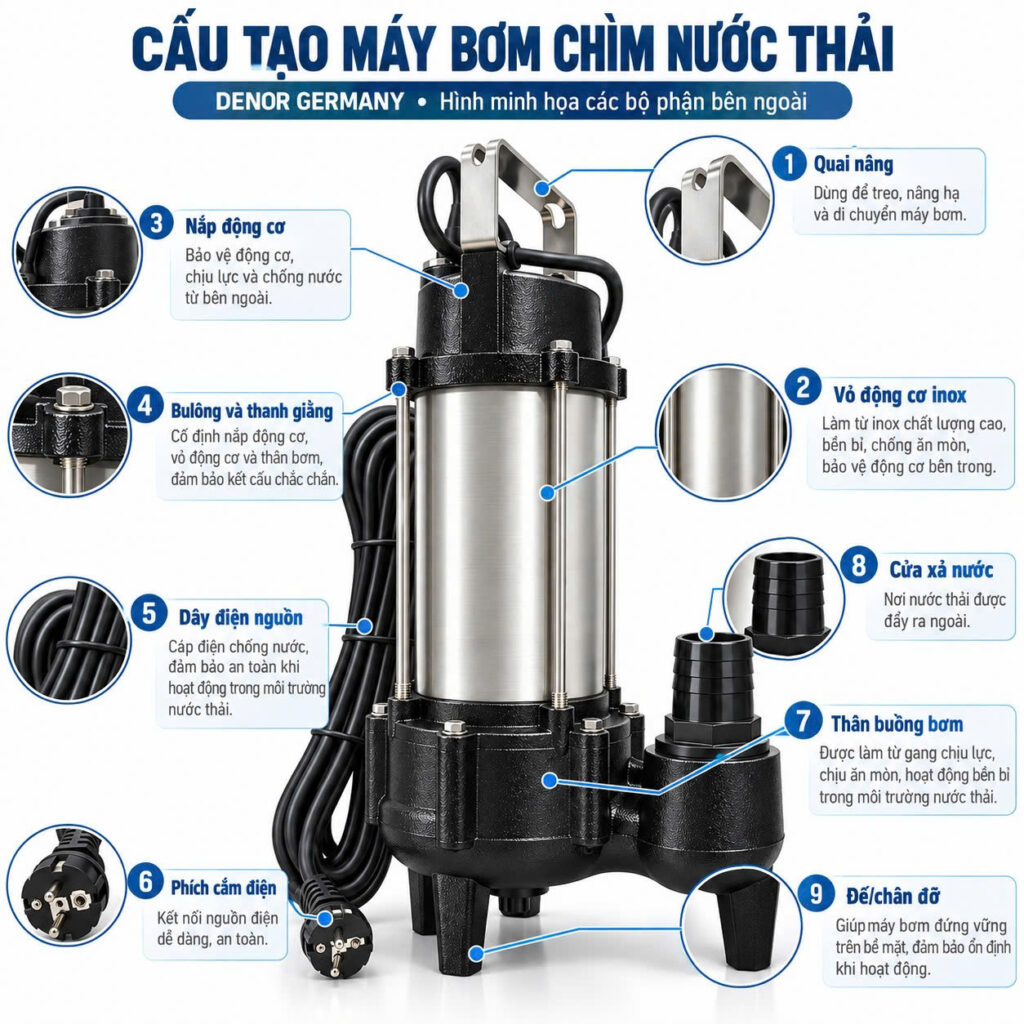 Cấu tạo của máy bơm chìm nước thải DENOR