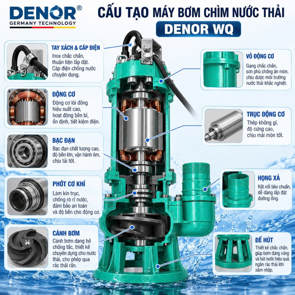 Cấu tạo máy bơm chìm DENOR 50WQ10-10-0.75