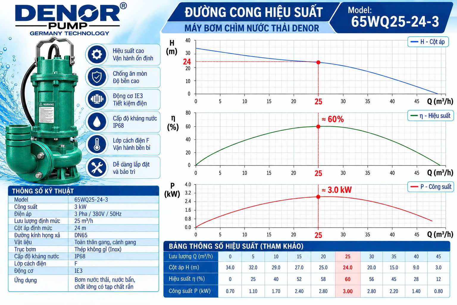 Bơm chìm nước thải DENOR 65WQ25-24-3